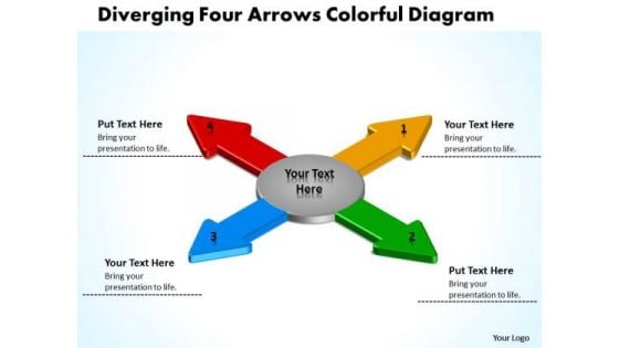 Diverging Four Arrows Colorful Flow Diagram Cycle PowerPoint Slides