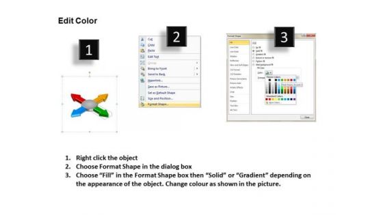Diverging Four Arrows Colorful Flow Diagram Cycle PowerPoint Slides