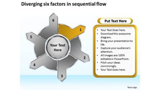 Diverging Six Factors Sequential Flow Circular Arrow Diagram PowerPoint Slides