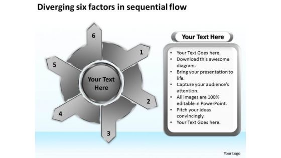 Diverging Six Factors Sequential Flow Circular Layout Chart PowerPoint Templates