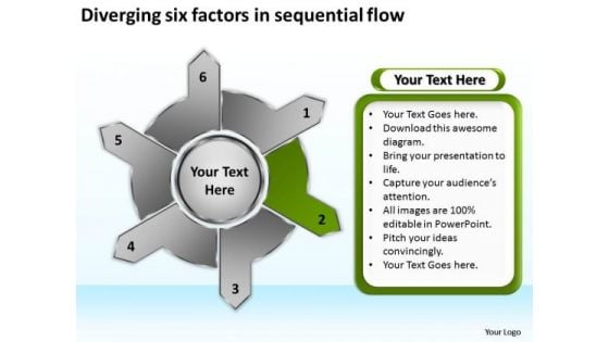 Diverging Six Factors Sequential Flow Cycle Layout Chart PowerPoint Slides