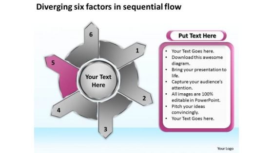 Diverging Six Factors Sequential Flow Target Chart PowerPoint Slides