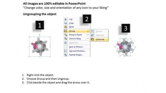 Diverging Six Factors Sequential Flow Target Chart PowerPoint Slides
