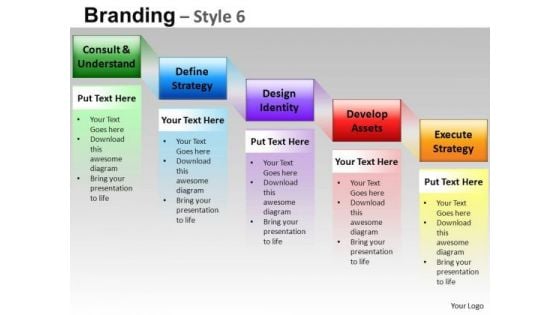 Editable Ppt Slides 5 Step Branding Process Stairs Diagram PowerPoint Templates