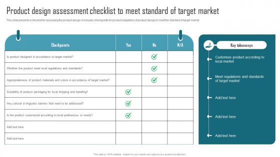 Effective Product Adaptation Product Design Assessment Checklist To Meet Standard Slides Pdf