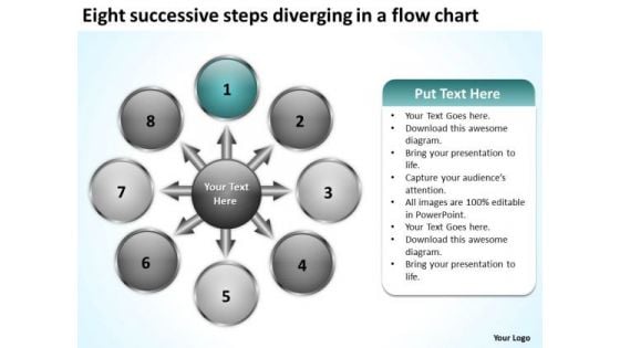 Eight Successive Steps Diverging A Flow Chart Pie Diagram PowerPoint Slides