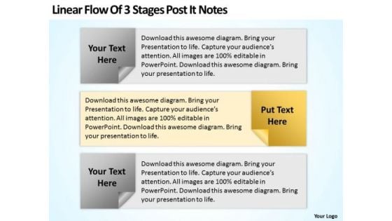 Examples Of Business Processes Linear Flow 3 Stages Post It Notes Ppt 2 PowerPoint Templates