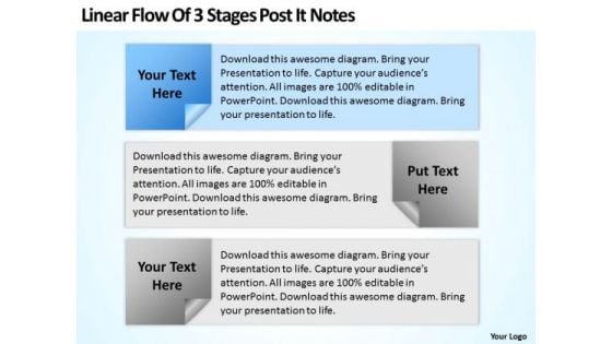 Examples Of Business Processes Linear Flow 3 Stages Post It Notes Ppt PowerPoint Template