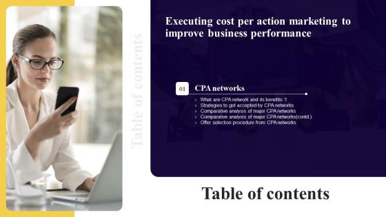 Executing Cost Per Action Marketing To Improve Table Of Contents Portrait Pdf