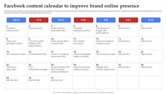 Facebook Marketing Plan Facebook Content Calendar To Improve Brand Online Strategy SS V Facebook Marketing Plan Facebook Content Calendar To Improve Brand Online Strategy SS V