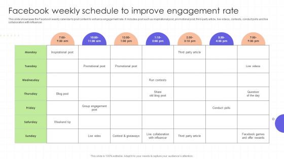 Facebook Weekly Schedule To Improve Engagement Rate Regional Marketing Plan To Boost Sales MKT SS Facebook Weekly Schedule To Improve Engagement Rate Regional Marketing Plan To Boost Sales MKT SS