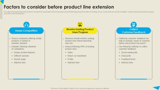 Factors To Consider Before Product Line Extension Strategic Diversification Plan Portrait PDF