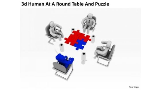 Famous Business People 3d Human At Round Table And Puzzle PowerPoint Templates