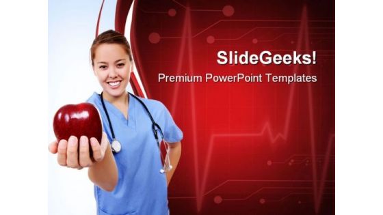 Female Doctor Holds Apple Health PowerPoint Templates And PowerPoint Backgrounds 0811