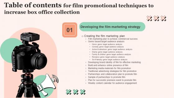 Film Promotional Techniques To Increase Box Office Collection Table Of Contents Icons Pdf