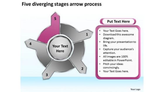 Five Diverging Stages Arrow Process Circular Flow Diagram PowerPoint Templates