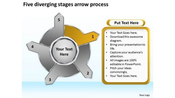 Five Diverging Stages Arrow Process Circular Layout Network PowerPoint Slides