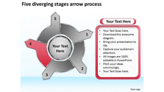 Five Diverging Stages Arrow Process Circular Layout PowerPoint Slides