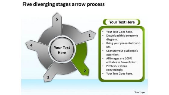 Five Diverging Stages Arrow Process Circular PowerPoint Templates