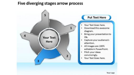 Five Diverging Stages Arrow Process Pie Chart PowerPoint Slides