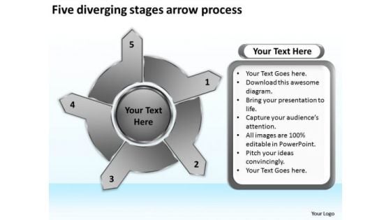 Five Diverging Stages Arrow Process Pie PowerPoint Slides