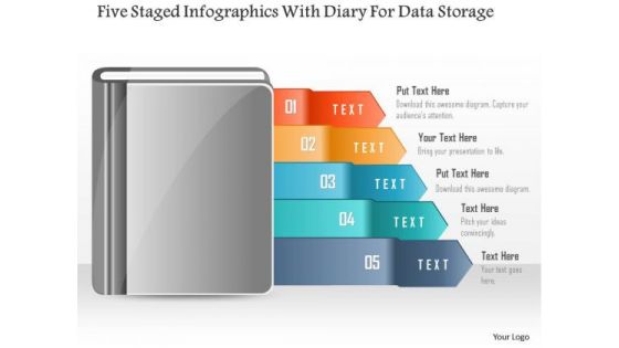 Five Staged Infographics With Diary For Data Storage PowerPoint Template