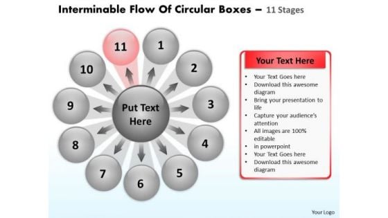 Flow Of Circular Boxes 11 Stages Process Diagram PowerPoint Slides