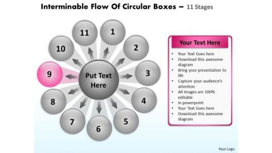 Flow Of Circular Boxes 11 Stages Relative Cycle Arrow Process PowerPoint Templates