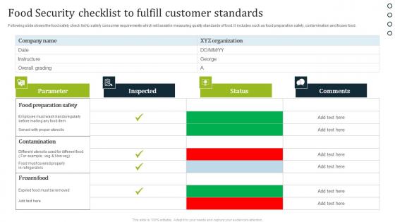 Food Security Checklist To Fulfill Customer Standards Icons Pdf