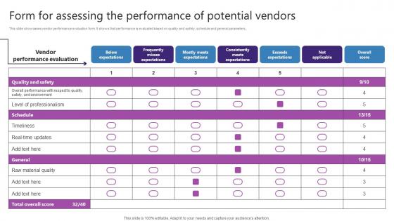 Form For Assessing The Performance Of Potential Vendors Strategic Plan For Enhancing Portrait Pdf