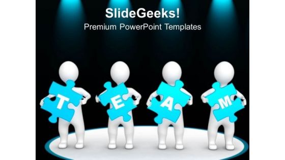 Four 3d Persons Holding Blue Puzzle Team PowerPoint Templates And PowerPoint Themes 1012