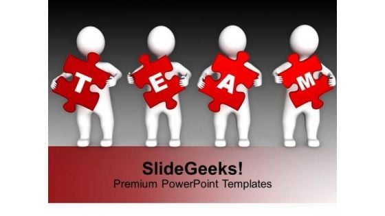 Four 3d Persons Holding Red Puzzle Pieces PowerPoint Templates Ppt Backgrounds For Slides 0113