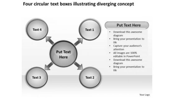 Four Circular Text Boxes Illustrating Diverging Concept Pie Network PowerPoint Templates