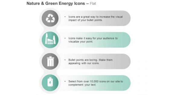 Four Energy Icons For Recycle Factory And Waste With Battery Ppt Slides Graphics