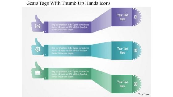 Gears Tags With Thumb Up Hands Icons PowerPoint Template