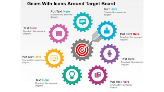 Gears With Icons Around Target Board PowerPoint Templates