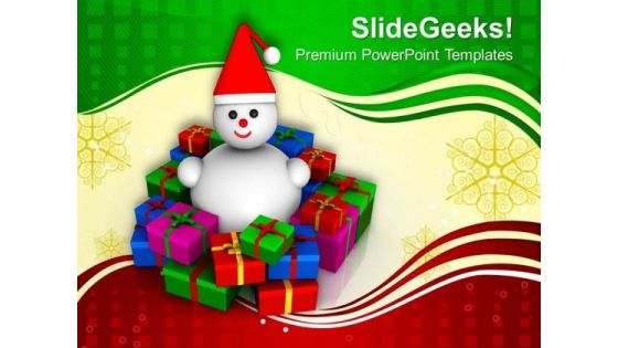 Gifts Around Smiling Snowman Christmas Theme PowerPoint Templates Ppt Backgrounds For Slides 1212