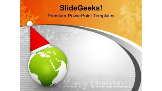 Globe With Santa Cap On Grey Background PowerPoint Templates Ppt Backgrounds For Slides 0113