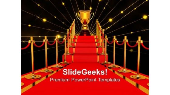 Gold Cup Of The Winner On A Red Carpet Path Award Templates And PowerPoint Themes 1012