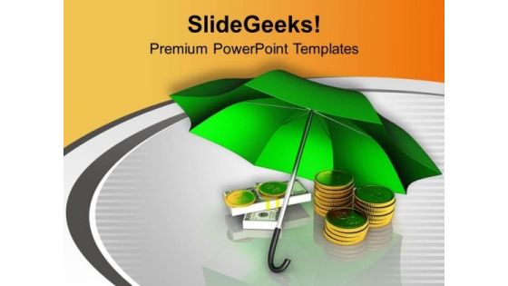 Golden Coins And Notes Under Blue Umbrella PowerPoint Templates Ppt Backgrounds For Slides 0213