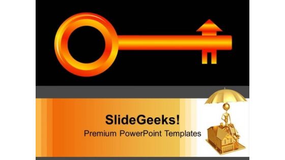 Golden House Key With Man Sitting PowerPoint Templates Ppt Backgrounds For Slides 0213