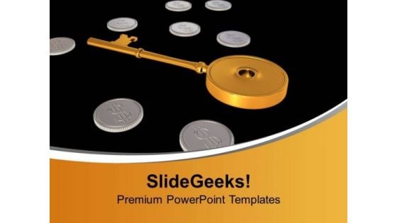 Golden Key Between Dollar Coins Security PowerPoint Templates Ppt Backgrounds For Slides 0113