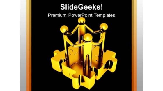 Golden Men On Puzzles Unity PowerPoint Templates Ppt Backgrounds For Slides 0213