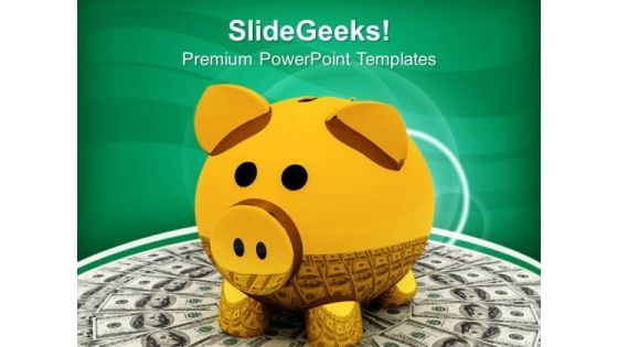 Golden Piggy Bank On American Dollar Banknotes PowerPoint Templates Ppt Backgrounds For Slides 0113