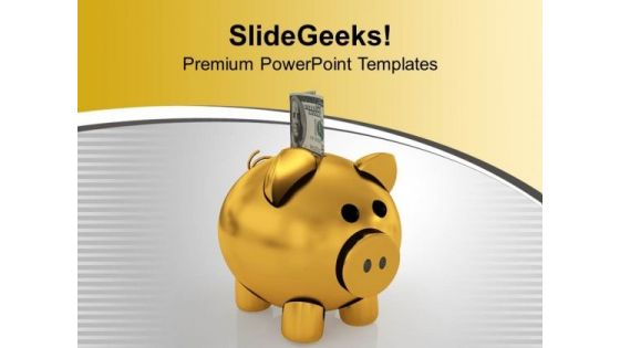 Golden Piggy Bank With Money PowerPoint Templates Ppt Backgrounds For Slides 1212