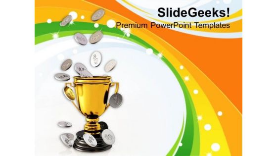 Golden Trophy And Coins Winner Business PowerPoint Templates Ppt Backgrounds For Slides 0213