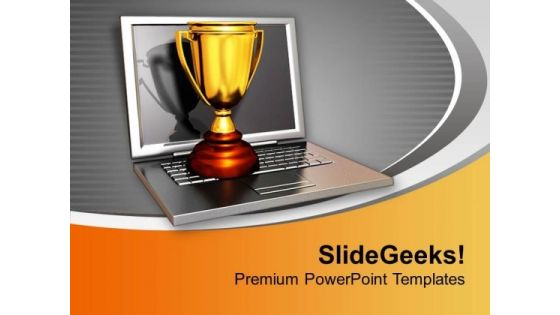 Golden Trophy On Laptop Winner PowerPoint Templates Ppt Backgrounds For Slides 0213