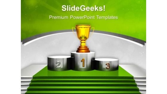 Golden Trophy On Winner Podium PowerPoint Templates Ppt Backgrounds For Slides 0313