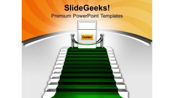 Green Carpet On Stairs Reaching Golden PowerPoint Templates Ppt Backgrounds For Slides 0213