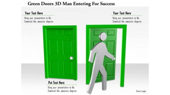 Green Doors 3d Man Entering For Success